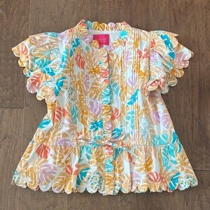 Marie by Victoria Dunn. Ruffle Peplum Top - Yellow, Teal, Pink. Size S.